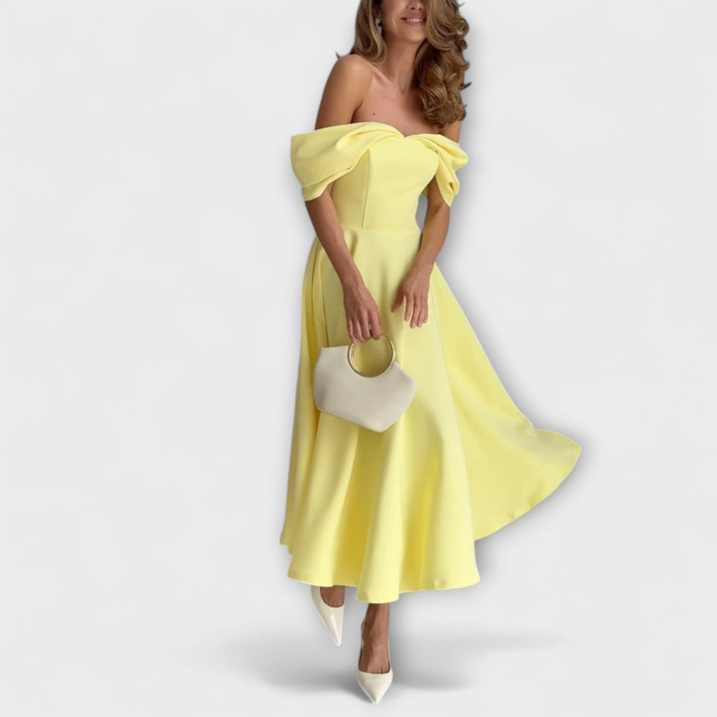 Romy - Stilingos off-the-shoulder maxi suknelės su drapiruotėmis