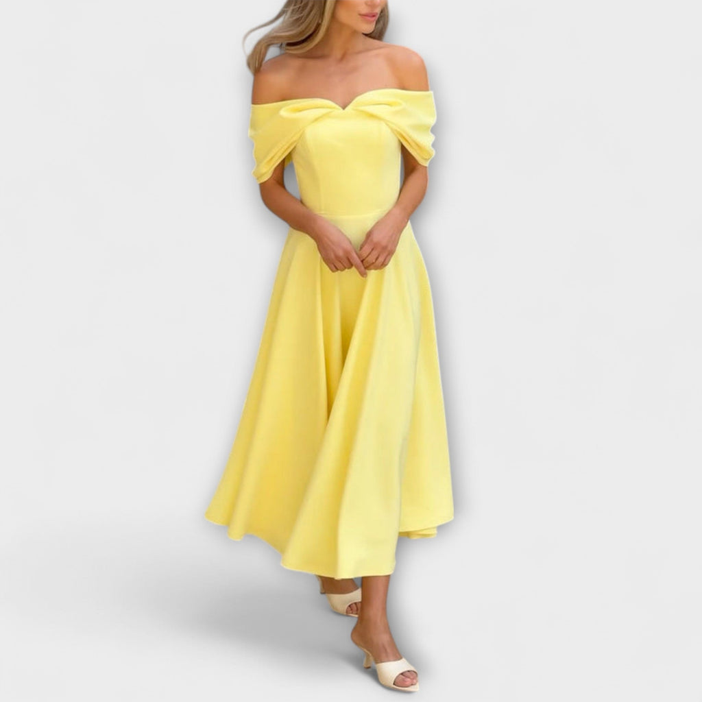 Romy - Stilingos off-the-shoulder maxi suknelės su drapiruotėmis
