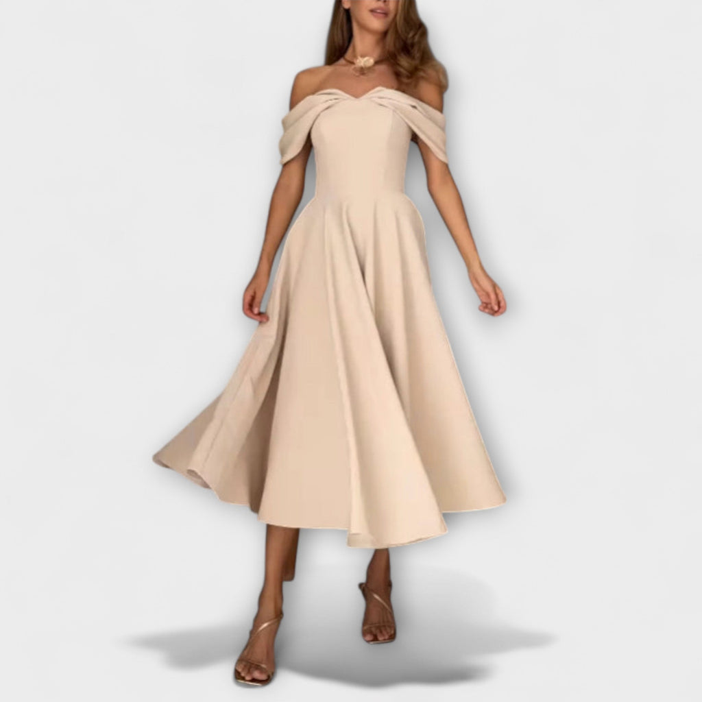 Romy - Stilingos off-the-shoulder maxi suknelės su drapiruotėmis