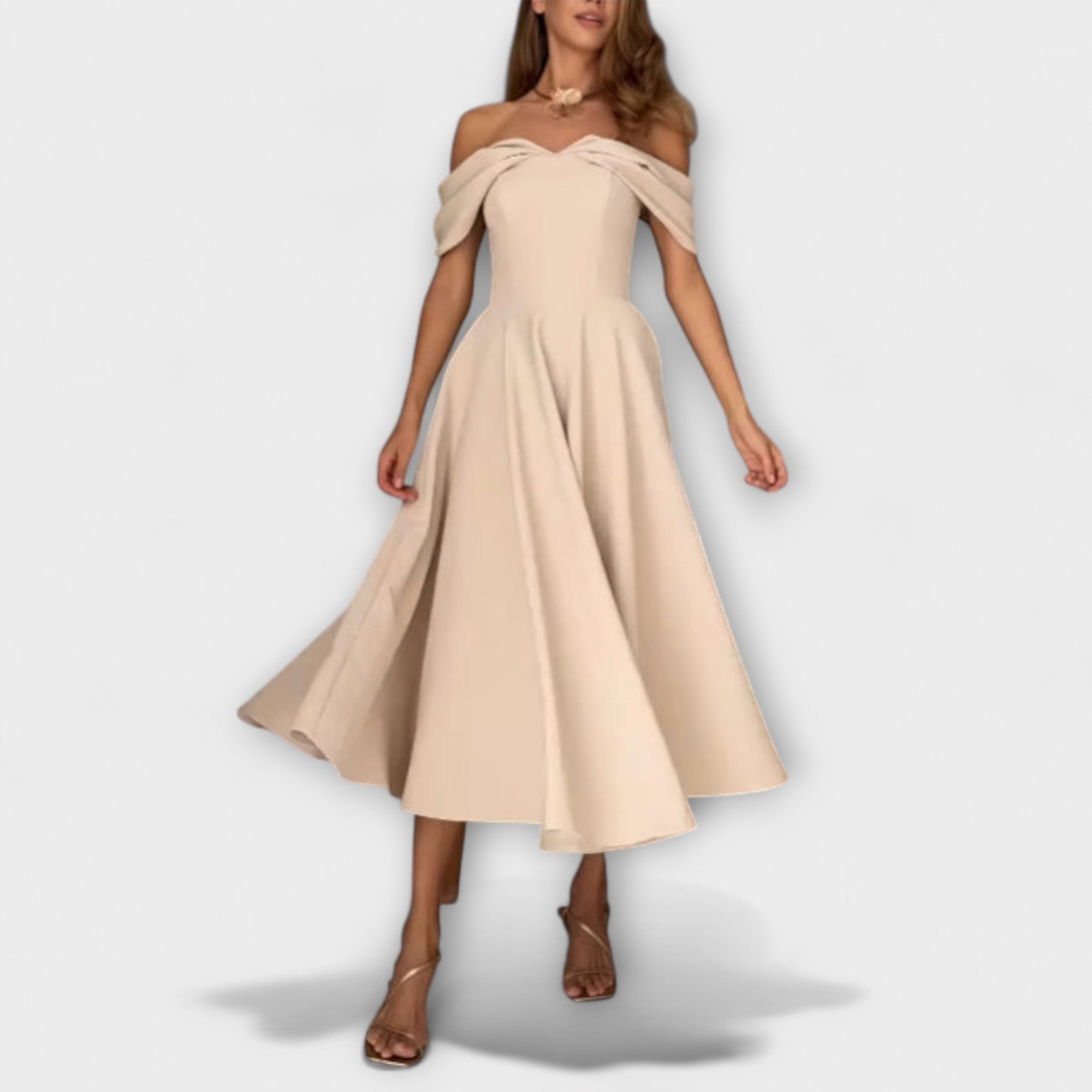 Romy - Stilingos off-the-shoulder maxi suknelės su drapiruotėmis