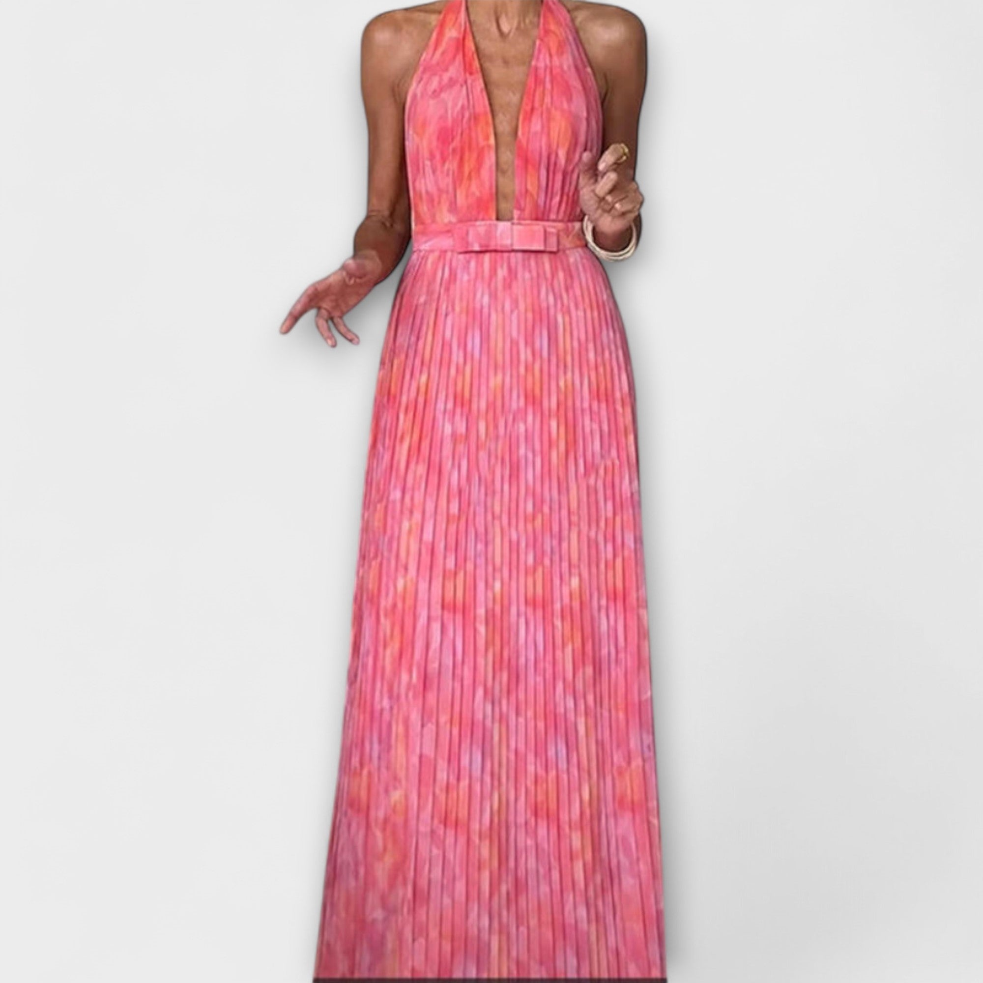 Seraphina - Elegantiškos Maxi Suknelės su Halter Kaklu ir V Formos Iškirpte