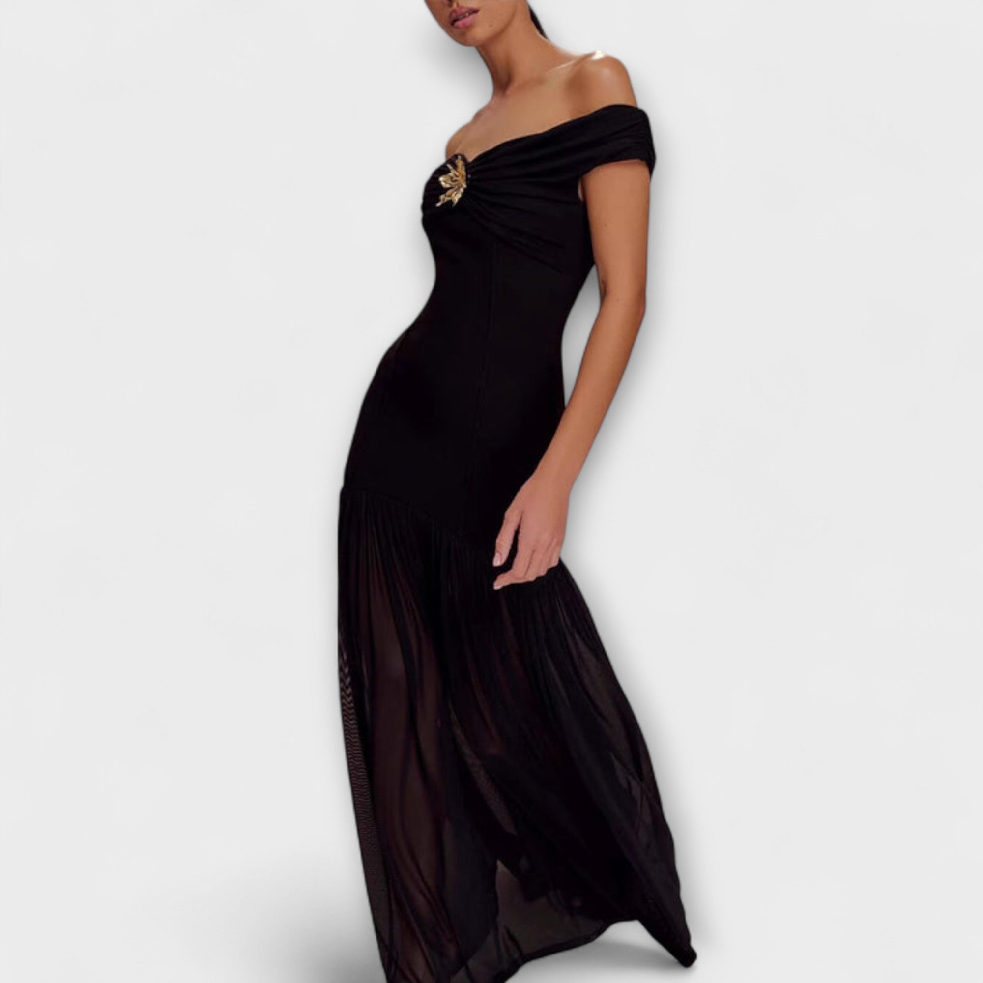 Maelie - Elegantiškos be petnešų bodycon maxi suknelės su gėlių puošmenomis