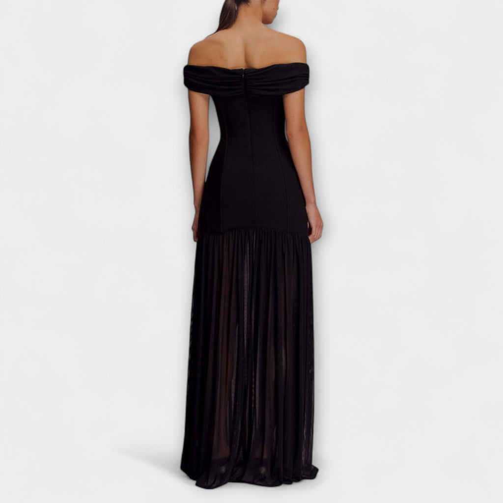 Maelie - Elegantiškos be petnešų bodycon maxi suknelės su gėlių puošmenomis