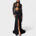 Azalea - Vidurnakčio Elegancija Permatomas Iškirptas Ilgomis Rankovėmis Stretch Maxi Suknelė